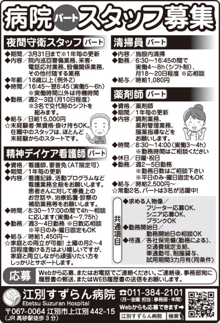 夜間守衛スタッフ[パ] 
精神デイケア看護師[パ] 
清掃員[パ] 
薬剤師[パ] 

 